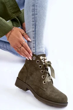 Discount Boto Zamszowe Ocieplane Botki Na Suwak Z Perłami Zielone Raiso