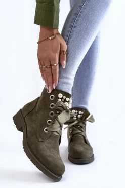 Discount Boto Zamszowe Ocieplane Botki Na Suwak Z Perłami Zielone Raiso