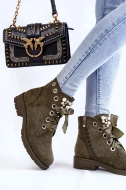 Discount Boto Zamszowe Ocieplane Botki Na Suwak Z Perłami Zielone Raiso