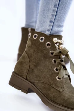 Discount Boto Zamszowe Ocieplane Botki Na Suwak Z Perłami Zielone Raiso