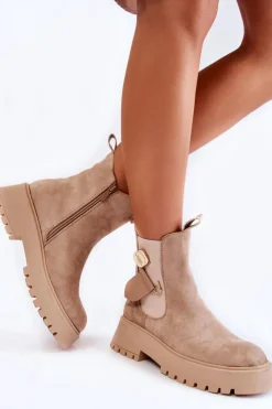 Damskie Boto Zamszowe Ocieplane Botki Workery Ciemnobeżowe Magnis