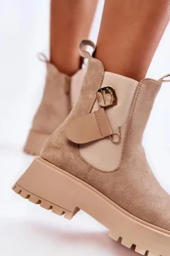 Damskie Boto Zamszowe Ocieplane Botki Workery Ciemnobeżowe Magnis