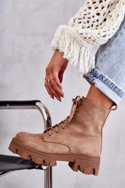 Boto Damskie Trapery|Botki Sznurowane*Zamszowe Ocieplane Botki Workery Brązowe Darvin