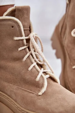 Damskie Boto Zamszowe Ocieplane Botki Sznurowane Beżowe Lemar Elisabeth