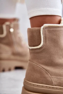 Damskie Boto Zamszowe Ocieplane Botki Sznurowane Beżowe Lemar Elisabeth