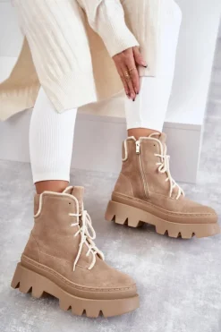 Damskie Boto Zamszowe Ocieplane Botki Sznurowane Beżowe Lemar Elisabeth