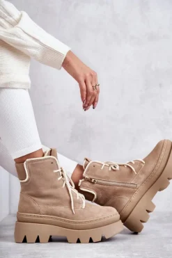 Damskie Boto Zamszowe Ocieplane Botki Sznurowane Beżowe Lemar Elisabeth