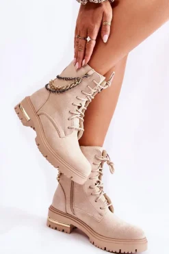 Hot Boto Zamszowe Ocieplane Botki Z Łańcuchem Beżowe Sorita