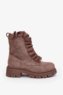 Boto Botki Zimowe Damskie|Brązowe I Beżowe Botki*Zamszowe Ocieplane Botki Workery Na Płaskim Obcasie Ciemnobeżowe Nacelle