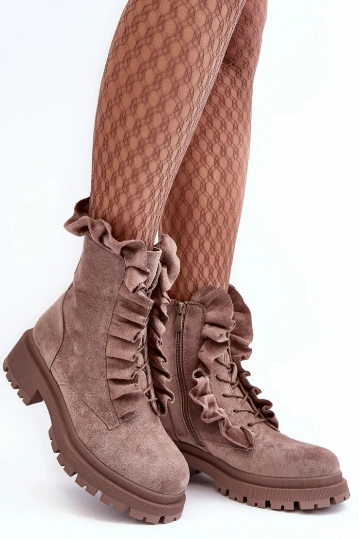 Boto Botki Zimowe Damskie|Brązowe I Beżowe Botki*Zamszowe Ocieplane Botki Workery Na Płaskim Obcasie Ciemnobeżowe Nacelle
