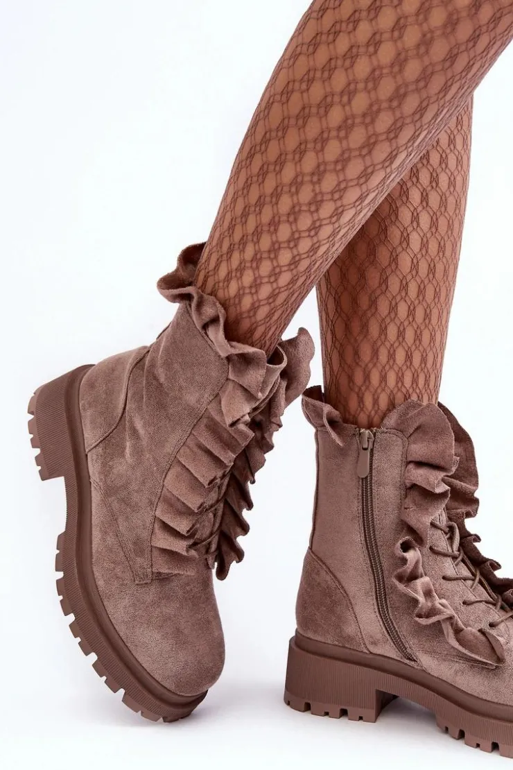 Boto Botki Zimowe Damskie|Brązowe I Beżowe Botki*Zamszowe Ocieplane Botki Workery Na Płaskim Obcasie Ciemnobeżowe Nacelle
