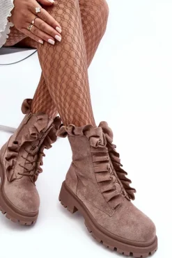 Boto Botki Zimowe Damskie|Brązowe I Beżowe Botki*Zamszowe Ocieplane Botki Workery Na Płaskim Obcasie Ciemnobeżowe Nacelle