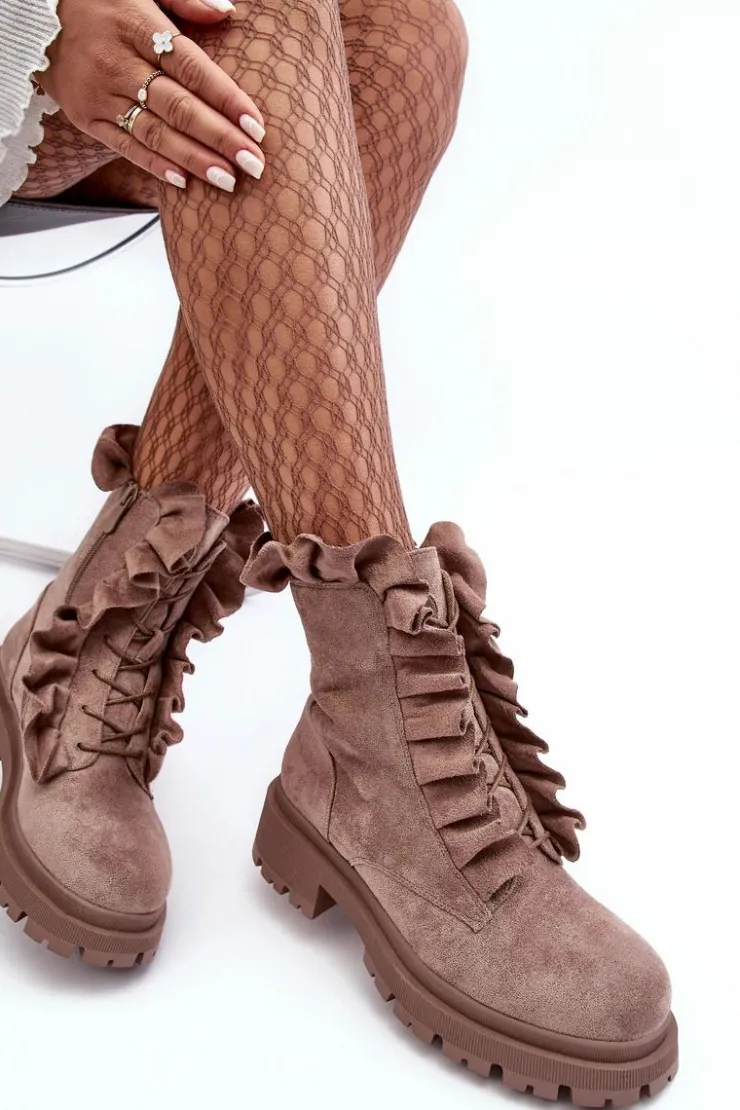 Boto Botki Zimowe Damskie|Brązowe I Beżowe Botki*Zamszowe Ocieplane Botki Workery Na Płaskim Obcasie Ciemnobeżowe Nacelle