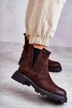 Damskie Boto Zamszowe Ocieplane Botki Workery Na Płaskim Obcasie Brązowe Salome