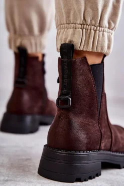 Damskie Boto Zamszowe Ocieplane Botki Workery Na Płaskim Obcasie Brązowe Salome