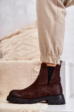 Damskie Boto Zamszowe Ocieplane Botki Workery Na Płaskim Obcasie Brązowe Salome