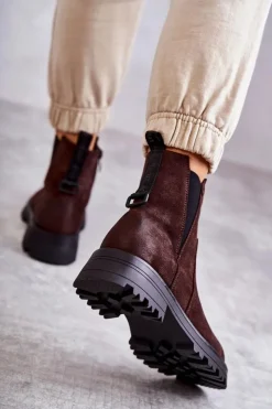 Damskie Boto Zamszowe Ocieplane Botki Workery Na Płaskim Obcasie Brązowe Salome