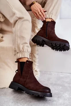 Damskie Boto Zamszowe Ocieplane Botki Workery Na Płaskim Obcasie Brązowe Salome