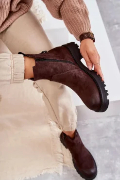 Damskie Boto Zamszowe Ocieplane Botki Workery Na Płaskim Obcasie Brązowe Salome