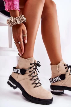 Boto Botki Ocieplane|Damskie Trapery*Zamszowe Ocieplane Botki Z Paskiem Beżowe Aurelio