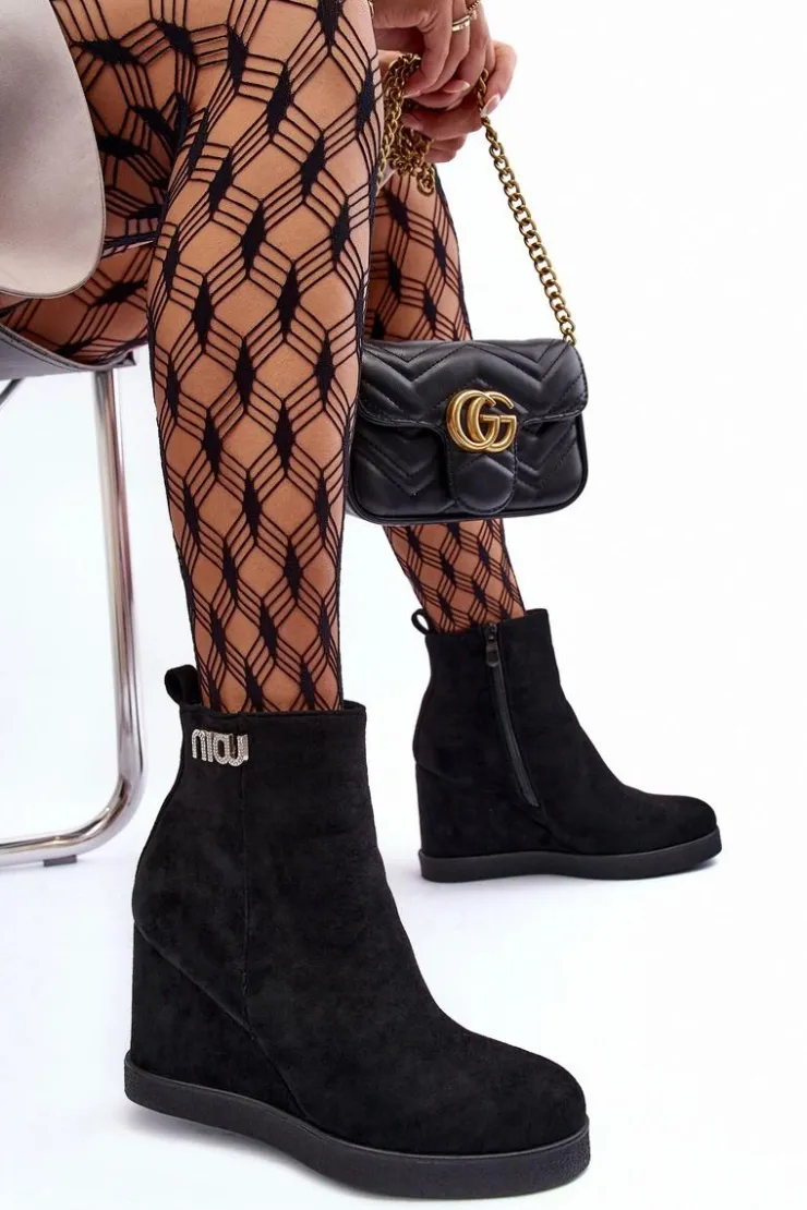 Online Boto Zamszowe Ocieplane Botki Na Koturnie Z Ozdobą Czarne Vere