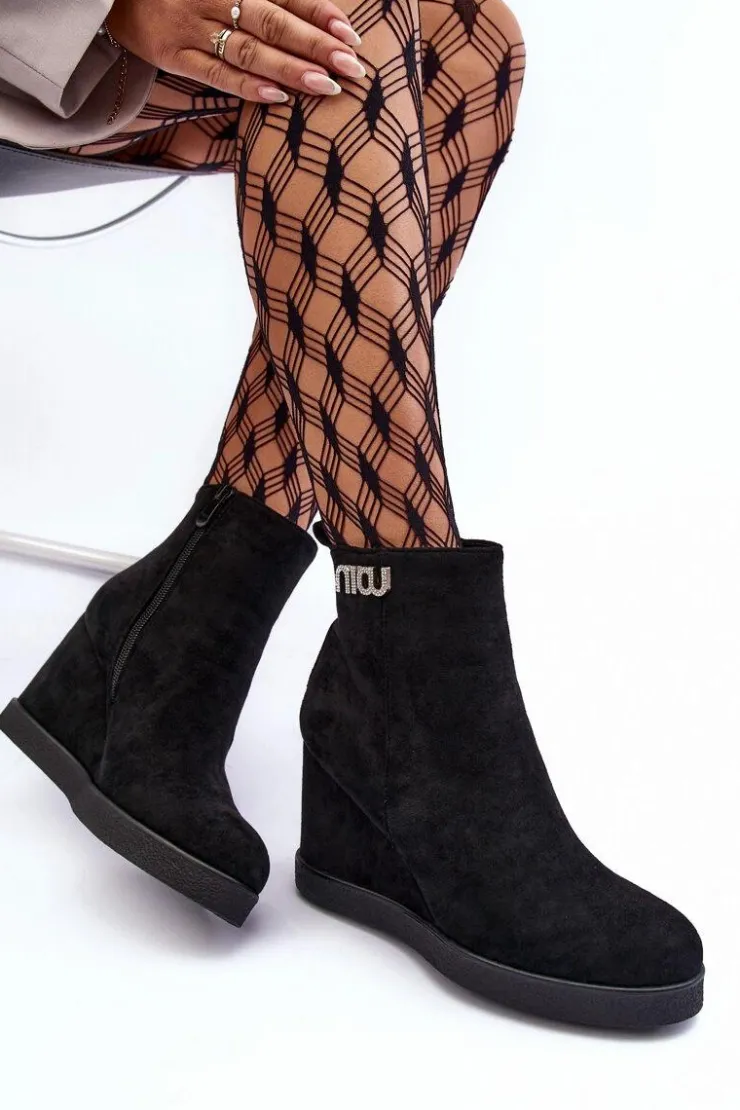 Online Boto Zamszowe Ocieplane Botki Na Koturnie Z Ozdobą Czarne Vere