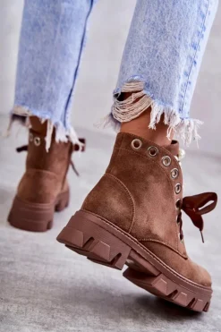 Damskie Boto Zamszowe Ocieplane Botki Z Perłami Brązowe Roco