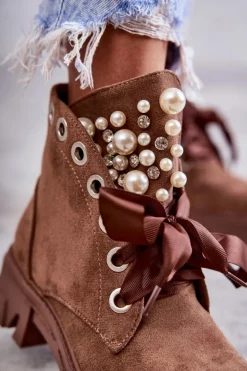 Damskie Boto Zamszowe Ocieplane Botki Z Perłami Brązowe Roco