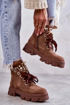 Damskie Boto Zamszowe Ocieplane Botki Z Perłami Brązowe Roco
