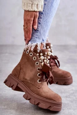 Damskie Boto Zamszowe Ocieplane Botki Z Perłami Brązowe Roco