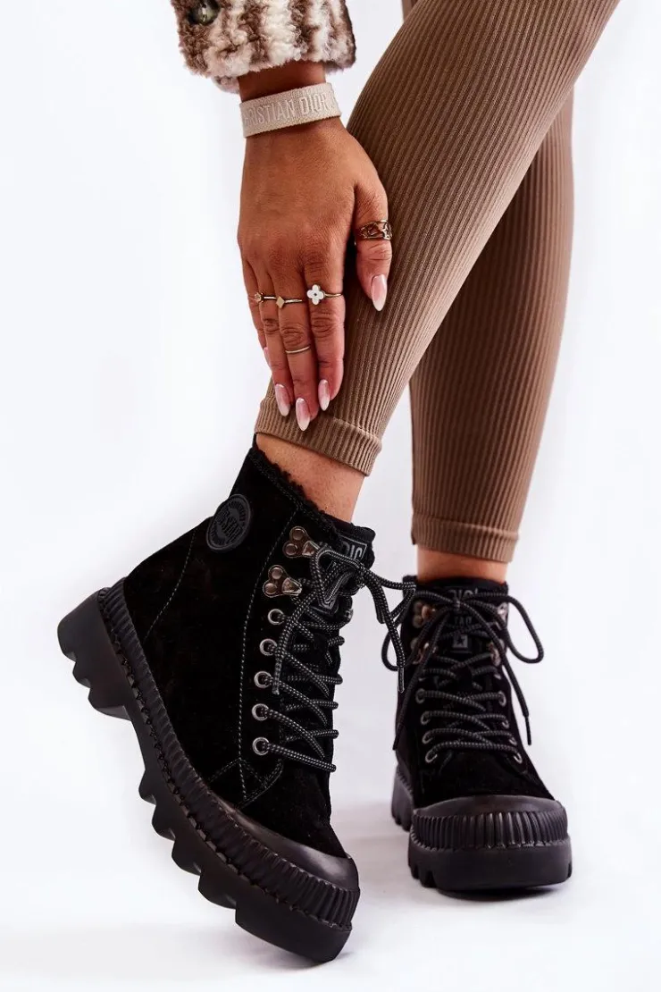 Damskie Big Star Shoes Zamszowe Ocieplane Botki Trapery Big Star KK274522 Czarne