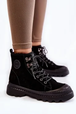 Damskie Big Star Shoes Zamszowe Ocieplane Botki Trapery Big Star KK274522 Czarne