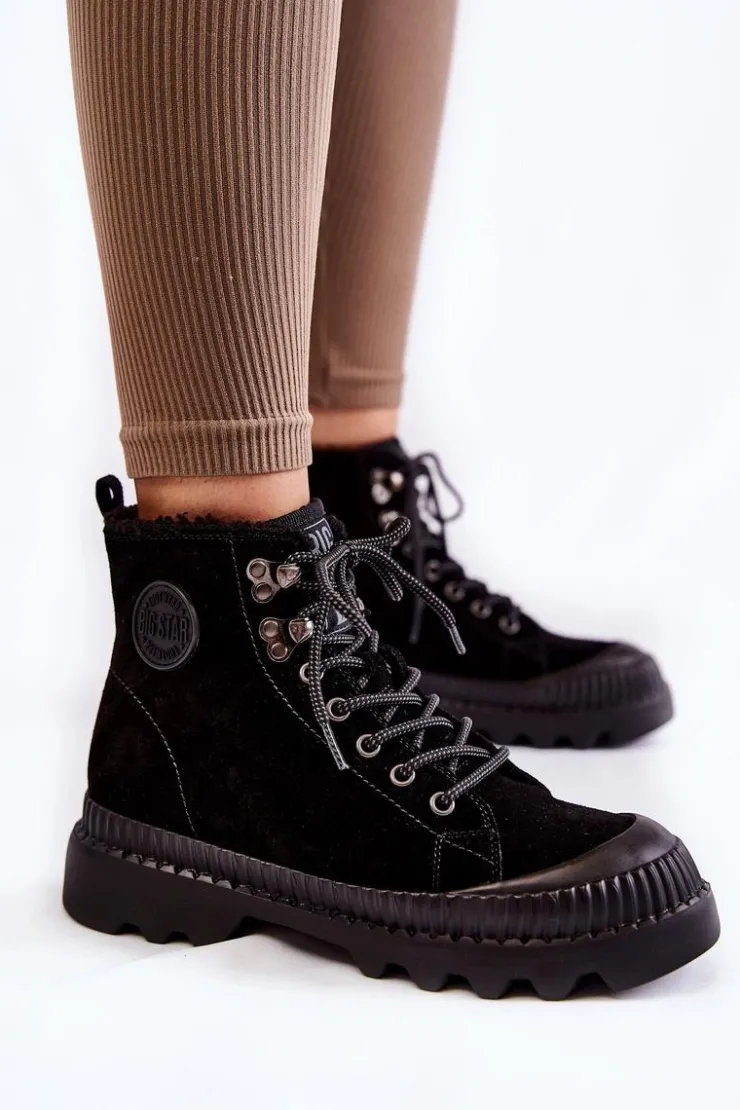 Damskie Big Star Shoes Zamszowe Ocieplane Botki Trapery Big Star KK274522 Czarne