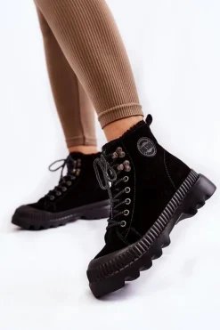 Damskie Big Star Shoes Zamszowe Ocieplane Botki Trapery Big Star KK274522 Czarne