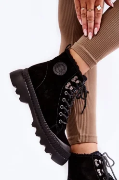 Damskie Big Star Shoes Zamszowe Ocieplane Botki Trapery Big Star KK274522 Czarne