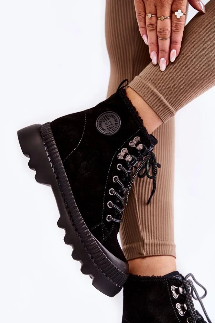 Damskie Big Star Shoes Zamszowe Ocieplane Botki Trapery Big Star KK274522 Czarne