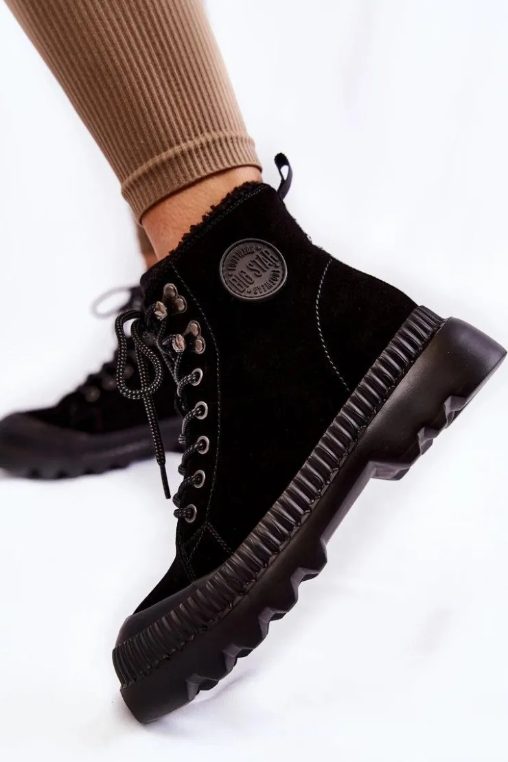 Damskie Big Star Shoes Zamszowe Ocieplane Botki Trapery Big Star KK274522 Czarne