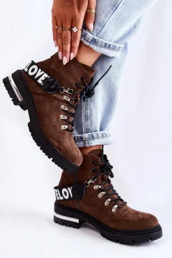 Damskie Boto Zamszowe Ocieplane Botki Z Paskiem Ciemnobrązowe Aurelio