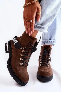 Damskie Boto Zamszowe Ocieplane Botki Z Paskiem Ciemnobrązowe Aurelio