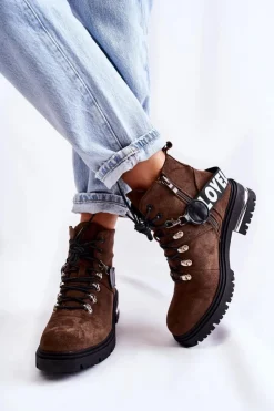 Damskie Boto Zamszowe Ocieplane Botki Z Paskiem Ciemnobrązowe Aurelio