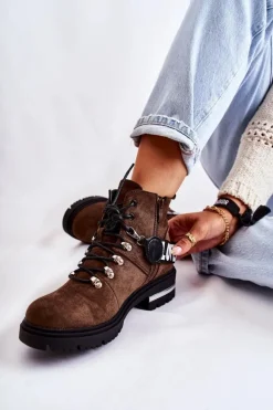 Damskie Boto Zamszowe Ocieplane Botki Z Paskiem Ciemnobrązowe Aurelio