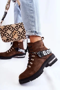 Damskie Boto Zamszowe Ocieplane Botki Z Paskiem Ciemnobrązowe Aurelio