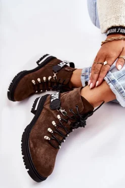 Damskie Boto Zamszowe Ocieplane Botki Z Paskiem Ciemnobrązowe Aurelio