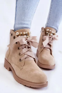 Damskie Boto Zamszowe Ocieplane Botki Na Suwak Z Perłami Beżowe Raiso