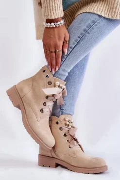 Damskie Boto Zamszowe Ocieplane Botki Na Suwak Z Perłami Beżowe Raiso