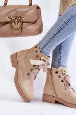 Damskie Boto Zamszowe Ocieplane Botki Na Suwak Z Perłami Beżowe Raiso