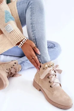 Damskie Boto Zamszowe Ocieplane Botki Na Suwak Z Perłami Beżowe Raiso