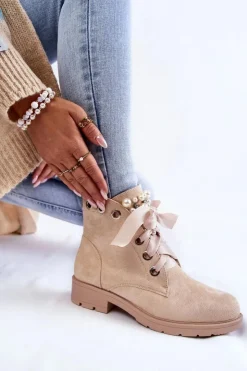 Damskie Boto Zamszowe Ocieplane Botki Na Suwak Z Perłami Beżowe Raiso