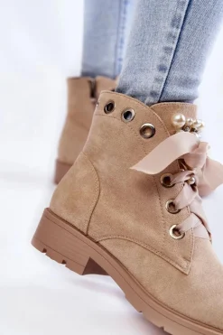 Damskie Boto Zamszowe Ocieplane Botki Na Suwak Z Perłami Beżowe Raiso