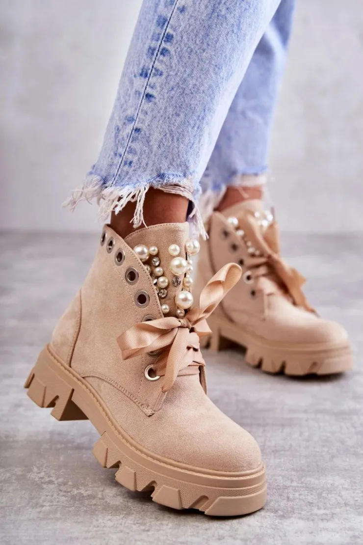 Boto Zamszowe Ocieplane Botki Z Perłami Beżowe Roco